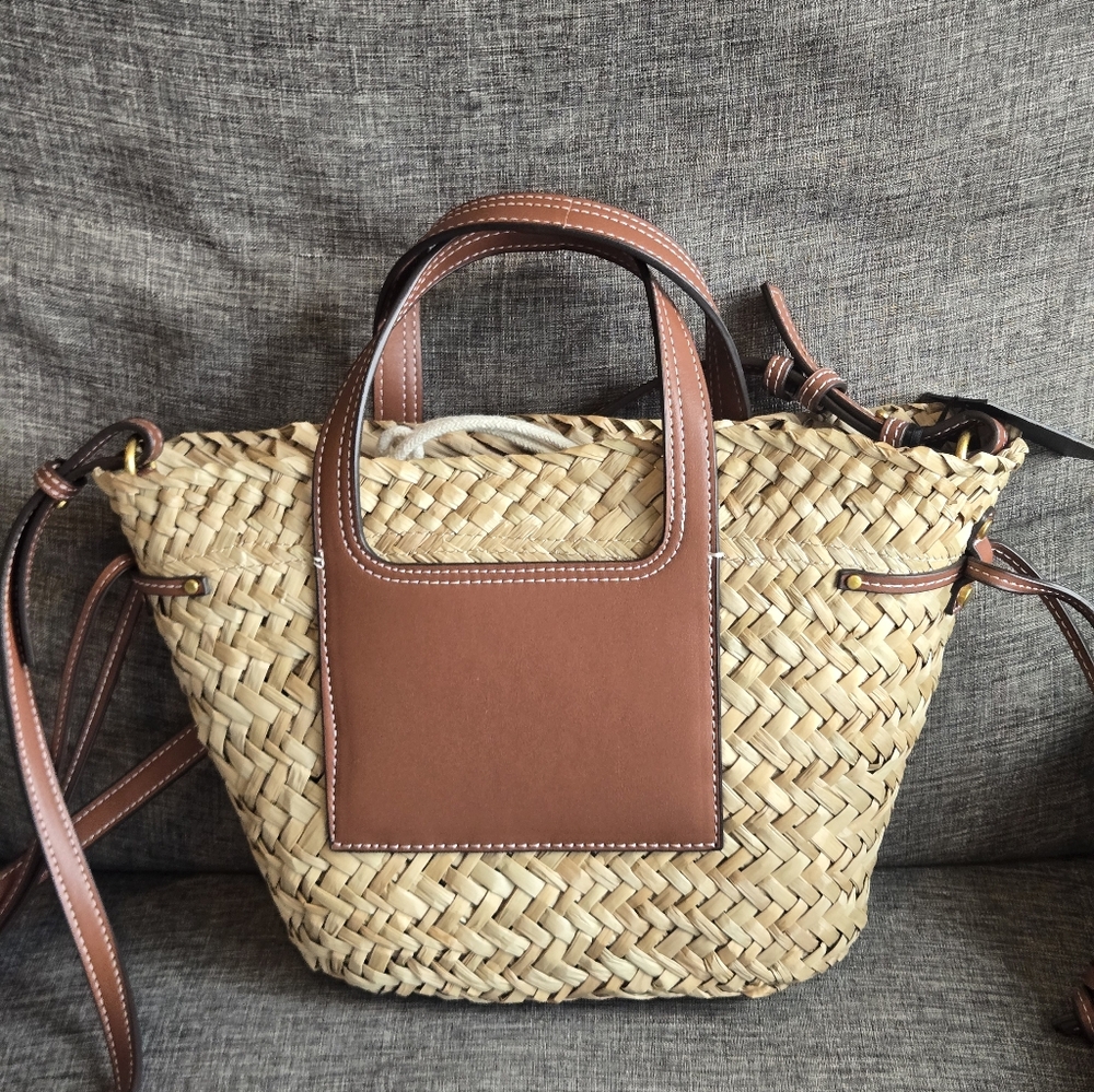 House of Harlow 1960 Woven Straw Bucket Bag with Brown Leather Trim - Picture 3 of 6